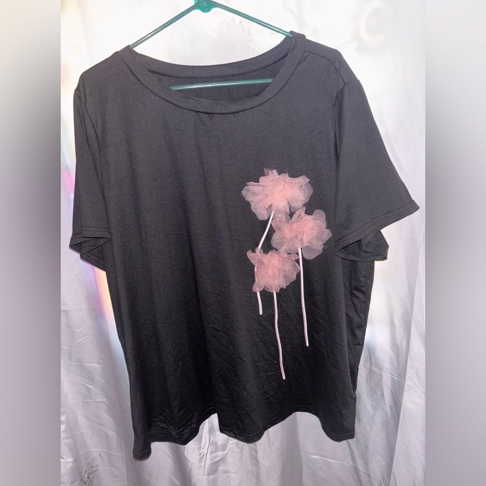 Women’s Black Tee with Pink Floral Appliqué